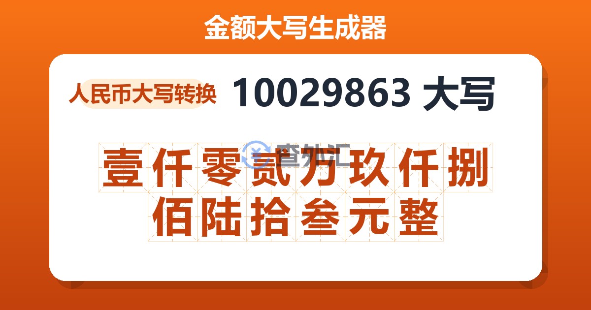 10029863大写 壹仟零贰万玖仟捌佰陆拾叁元整