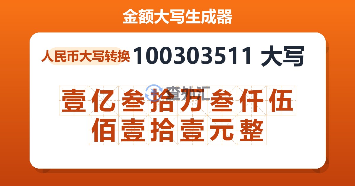 100303511大写 壹亿叁拾万叁仟伍佰壹拾壹元整