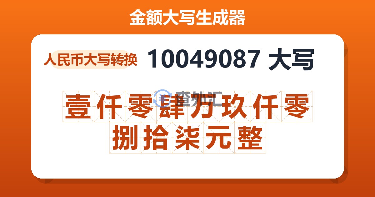 10049087大写 壹仟零肆万玖仟零捌拾柒元整