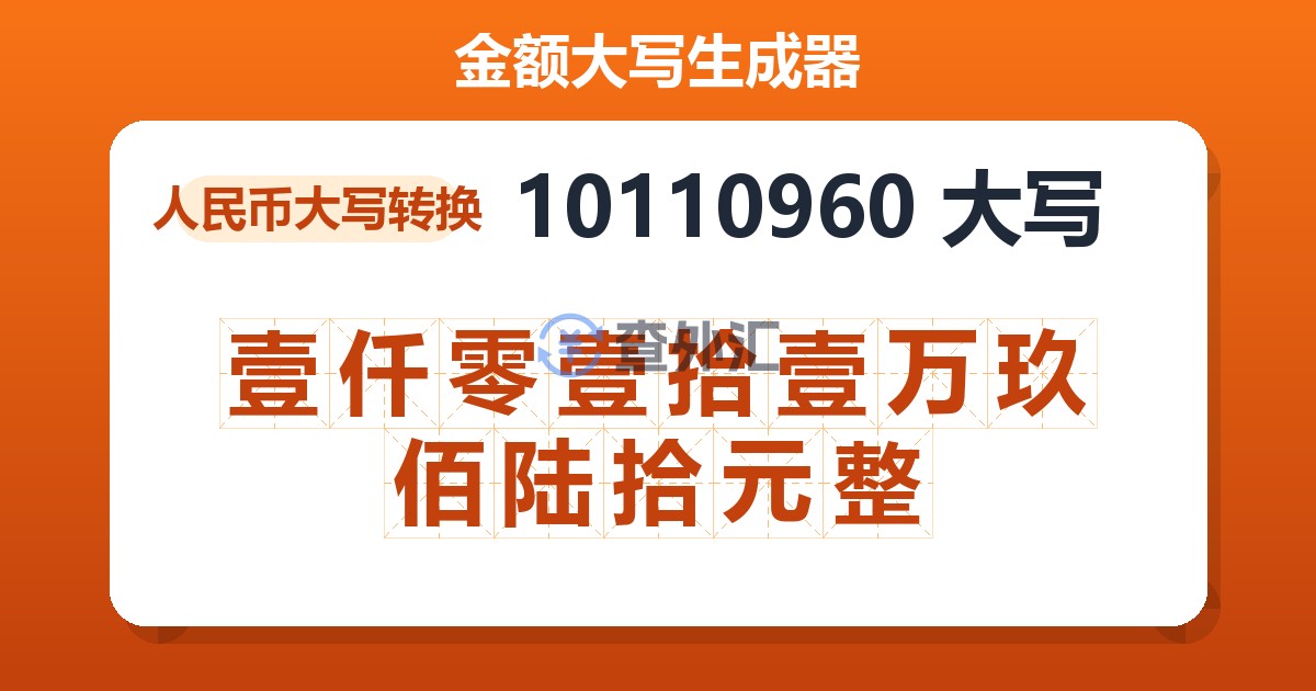 10110960大写 壹仟零壹拾壹万玖佰陆拾元整