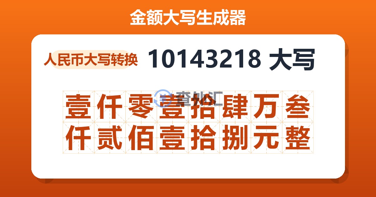 10143218大写 壹仟零壹拾肆万叁仟贰佰壹拾捌元整