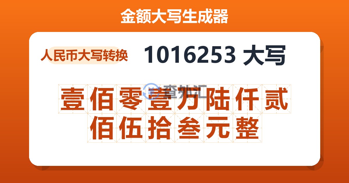 1016253大写 壹佰零壹万陆仟贰佰伍拾叁元整