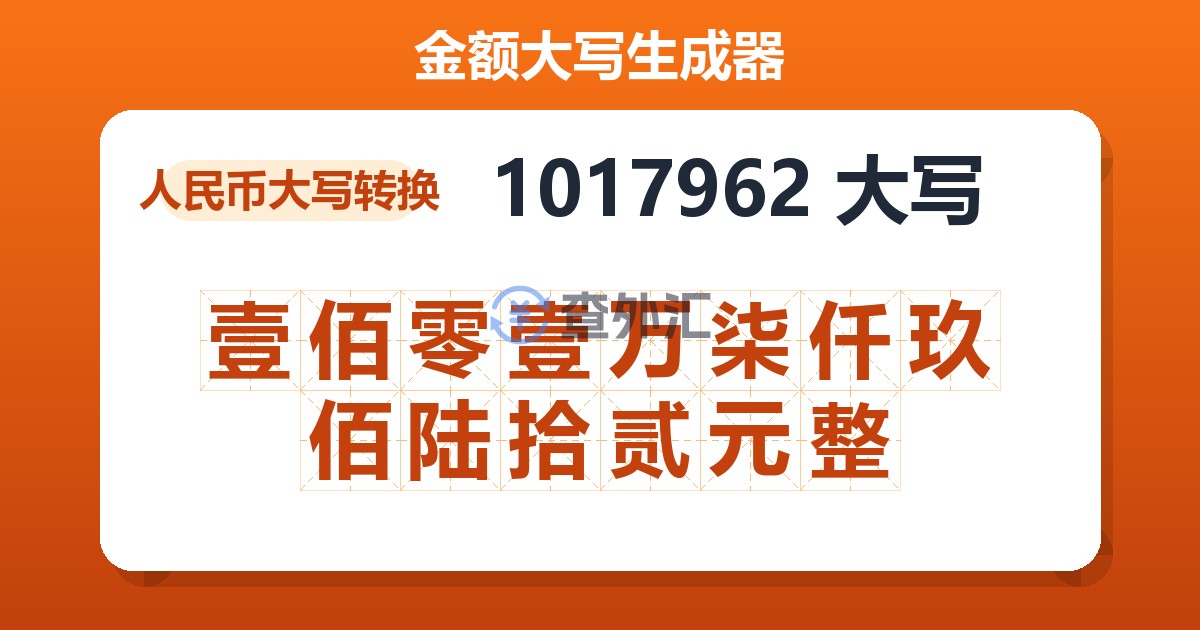 1017962大写 壹佰零壹万柒仟玖佰陆拾贰元整