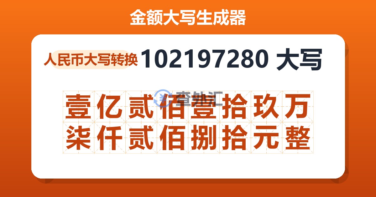 102197280大写 壹亿贰佰壹拾玖万柒仟贰佰捌拾元整