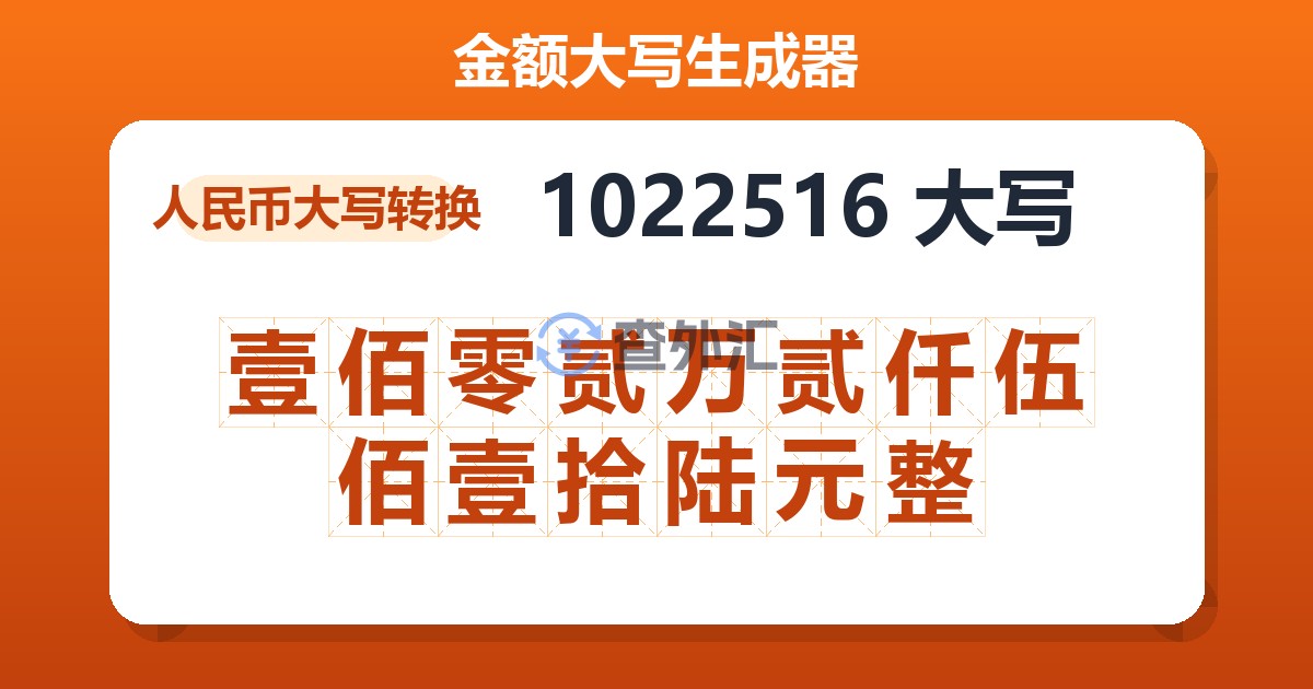 1022516大写 壹佰零贰万贰仟伍佰壹拾陆元整