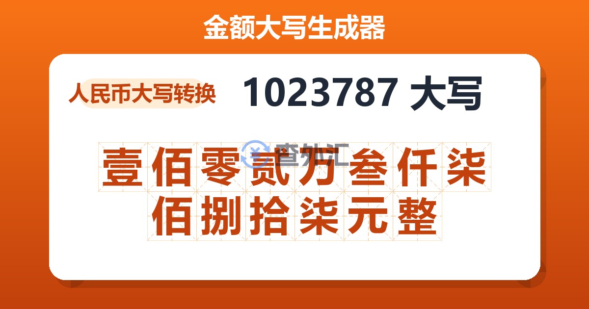 1023787大写 壹佰零贰万叁仟柒佰捌拾柒元整