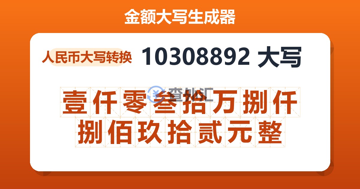 10308892大写 壹仟零叁拾万捌仟捌佰玖拾贰元整