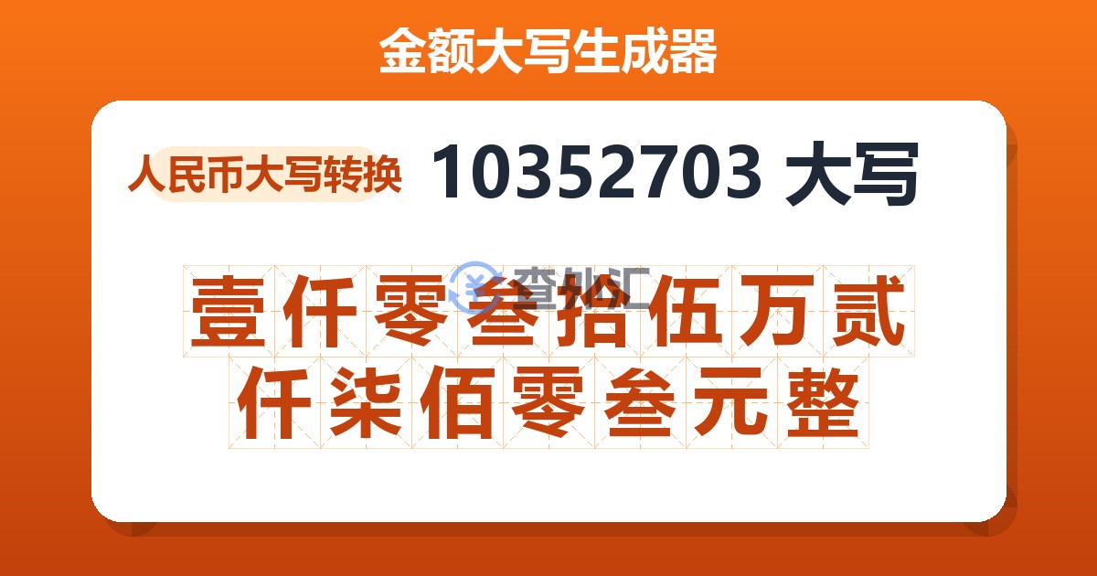 10352703大写 壹仟零叁拾伍万贰仟柒佰零叁元整