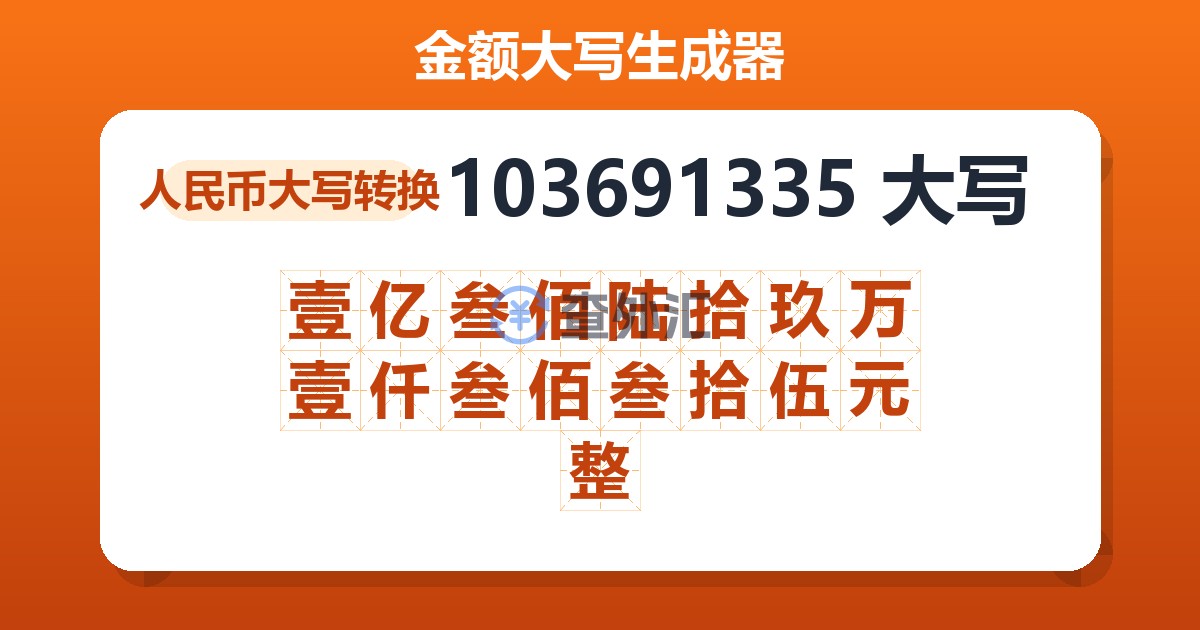 103691335大写 壹亿叁佰陆拾玖万壹仟叁佰叁拾伍元整