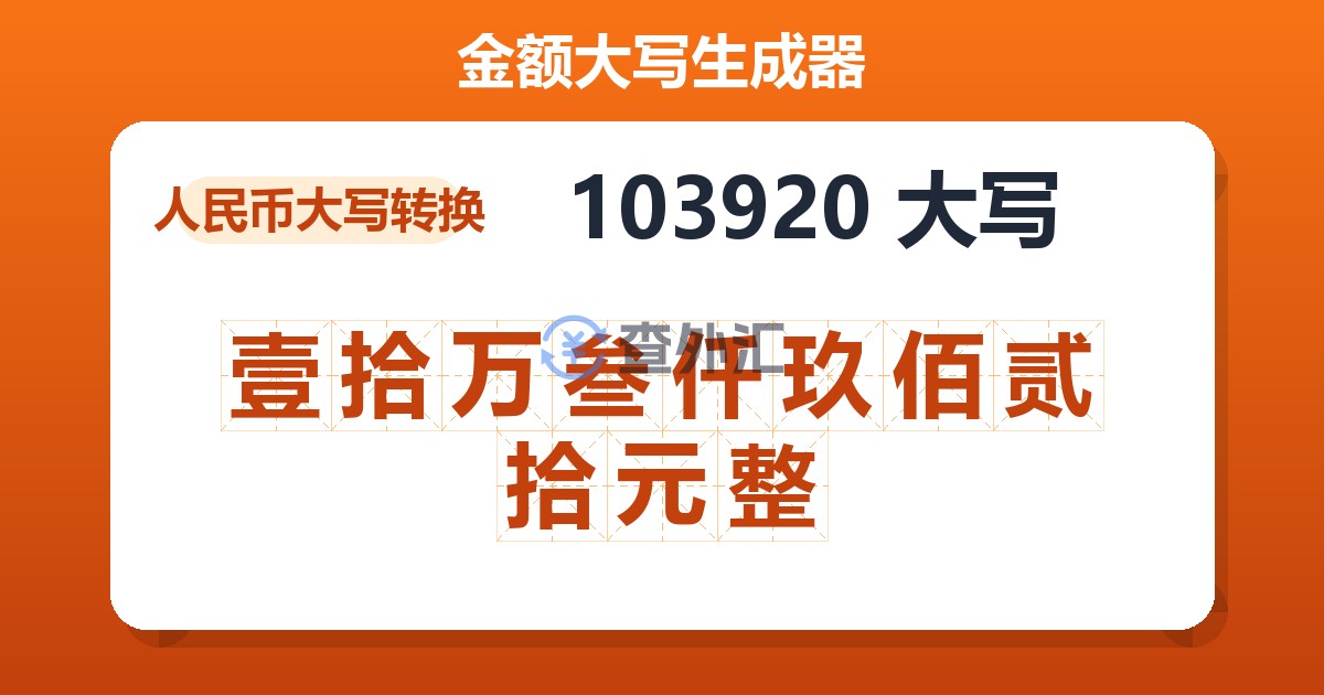 103920大写 壹拾万叁仟玖佰贰拾元整