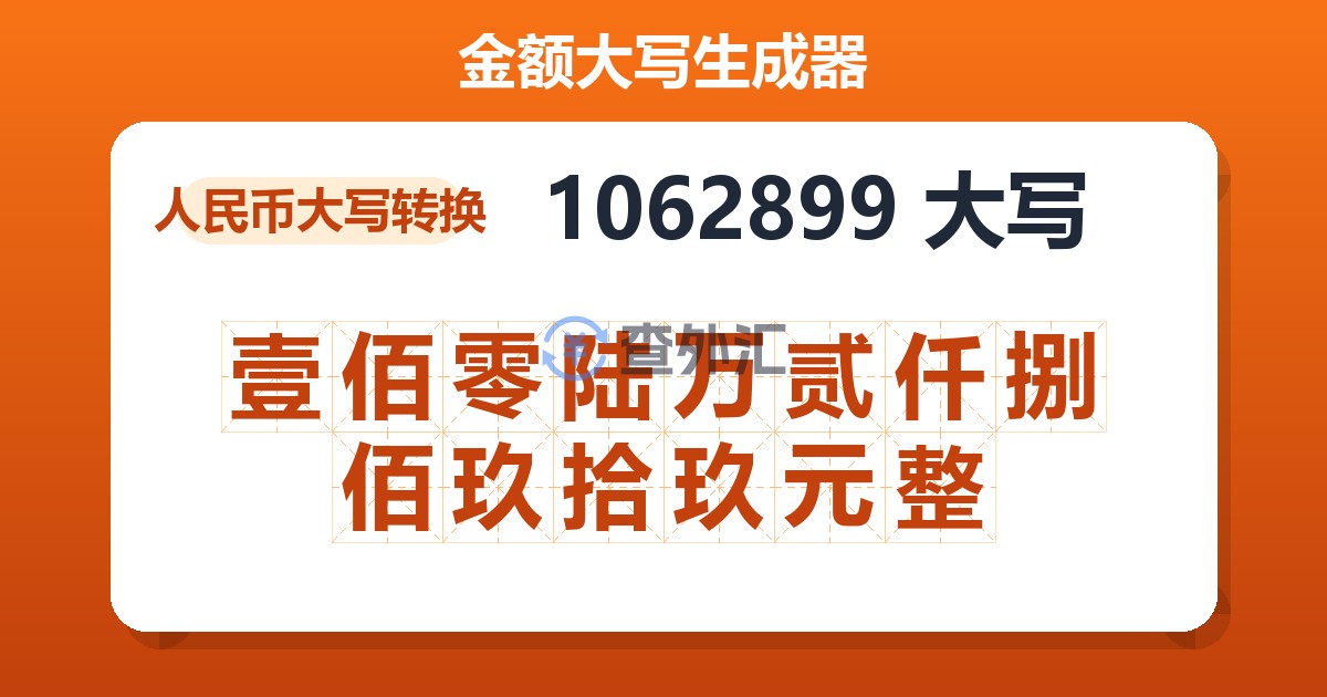 1062899大写 壹佰零陆万贰仟捌佰玖拾玖元整
