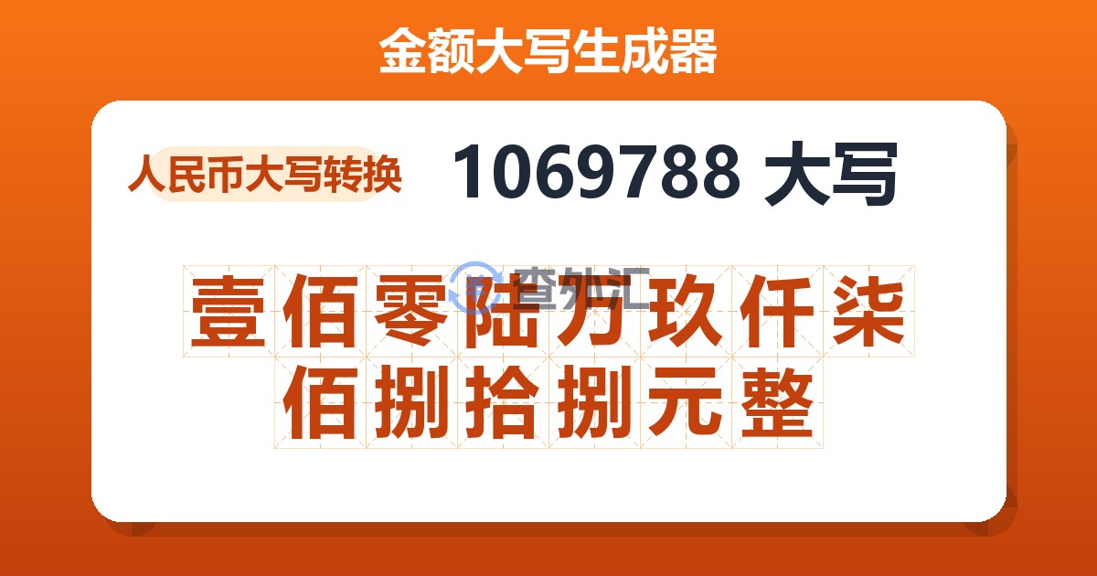 1069788大写 壹佰零陆万玖仟柒佰捌拾捌元整