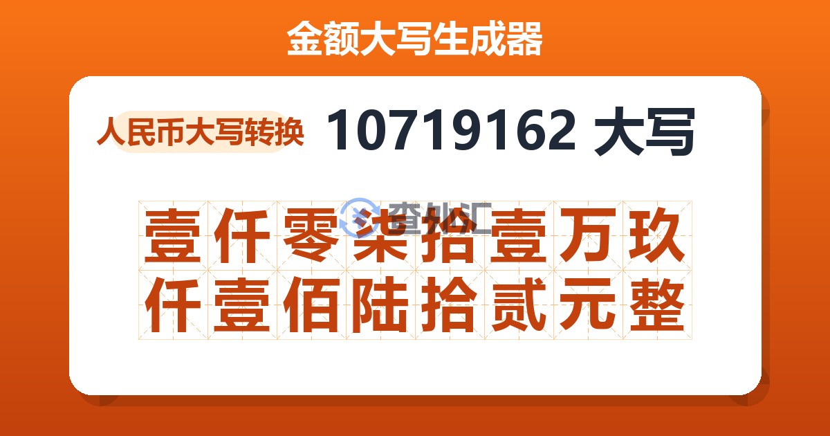 10719162大写 壹仟零柒拾壹万玖仟壹佰陆拾贰元整