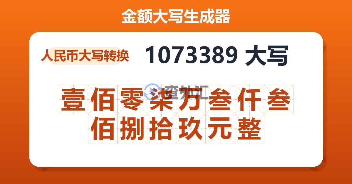 1073389大写 壹佰零柒万叁仟叁佰捌拾玖元整