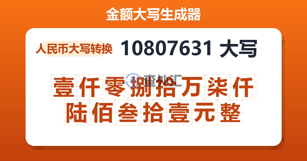 10807631大写 壹仟零捌拾万柒仟陆佰叁拾壹元整