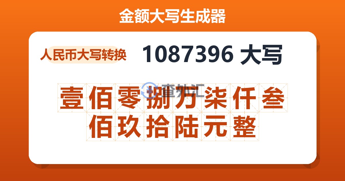 1087396大写 壹佰零捌万柒仟叁佰玖拾陆元整