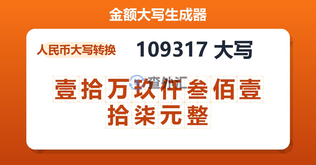 109317大写 壹拾万玖仟叁佰壹拾柒元整