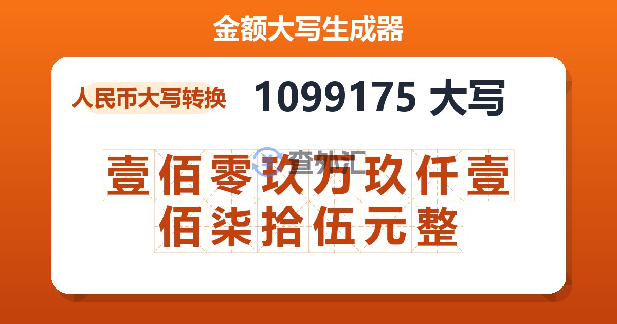 1099175大写 壹佰零玖万玖仟壹佰柒拾伍元整
