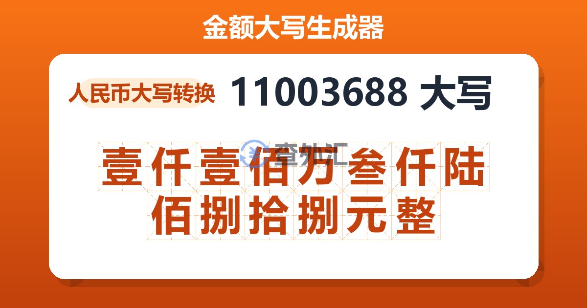 11003688大写 壹仟壹佰万叁仟陆佰捌拾捌元整