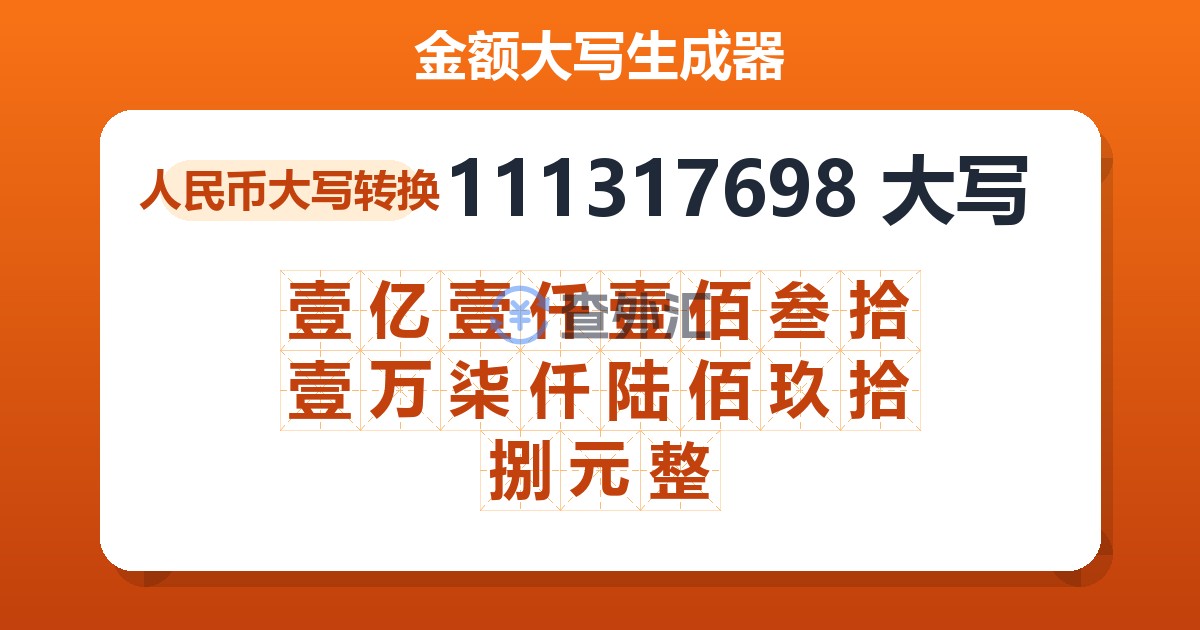 111317698大写 壹亿壹仟壹佰叁拾壹万柒仟陆佰玖拾捌元整