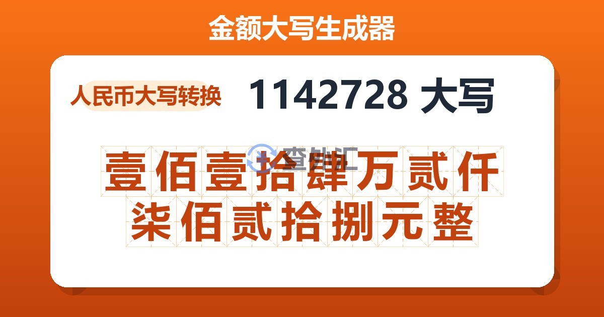 1142728大写 壹佰壹拾肆万贰仟柒佰贰拾捌元整