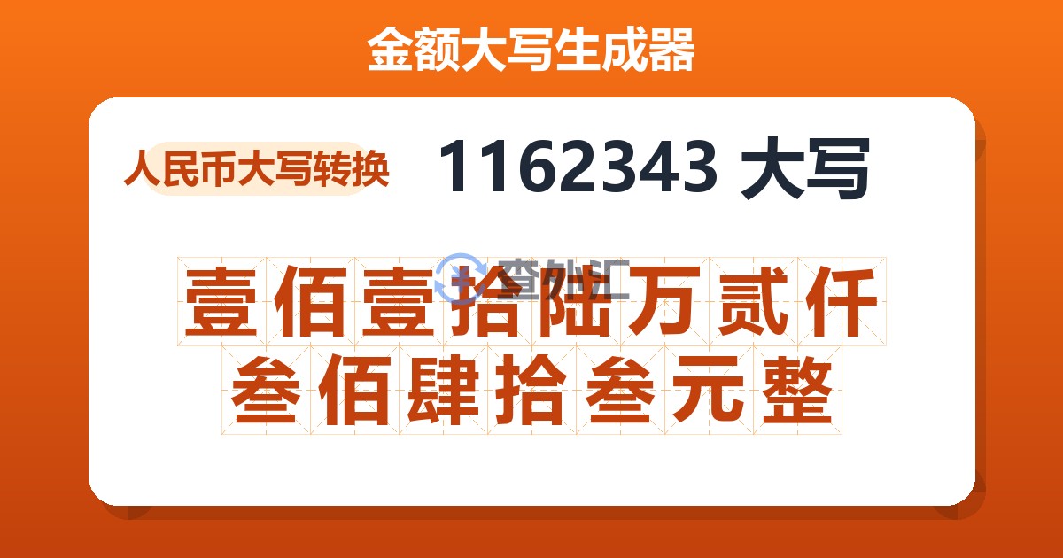 1162343大写 壹佰壹拾陆万贰仟叁佰肆拾叁元整