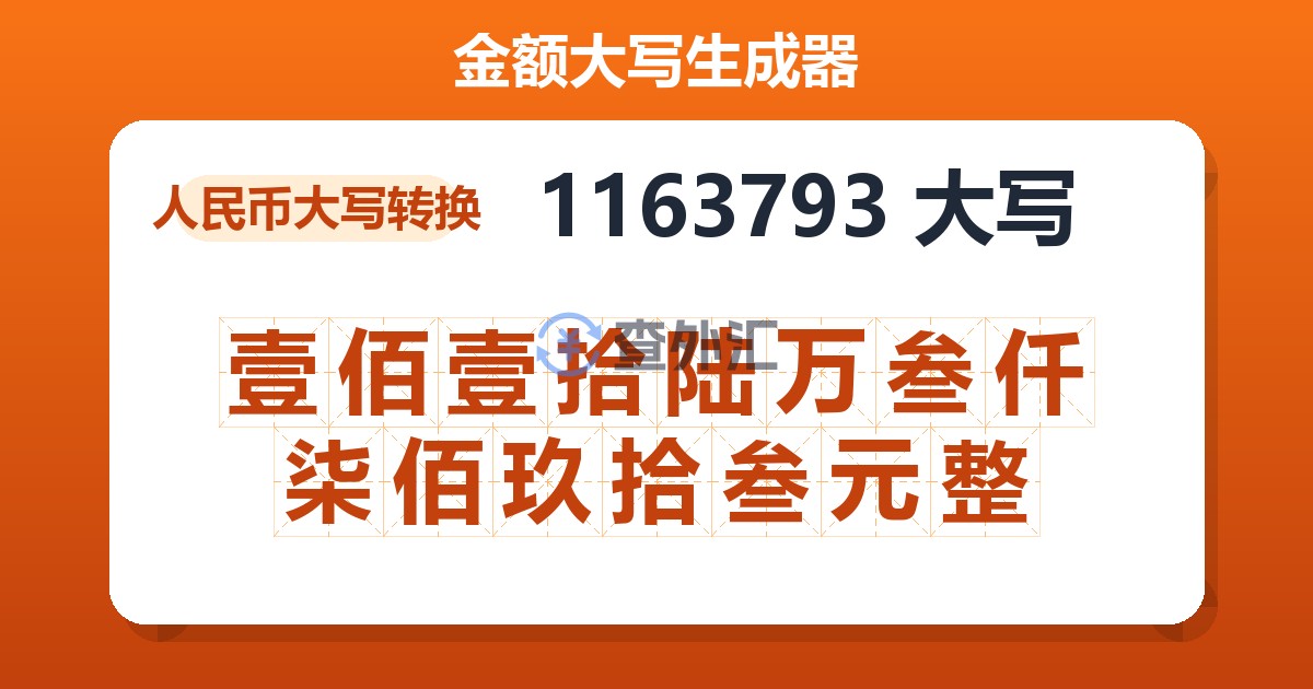 1163793大写 壹佰壹拾陆万叁仟柒佰玖拾叁元整