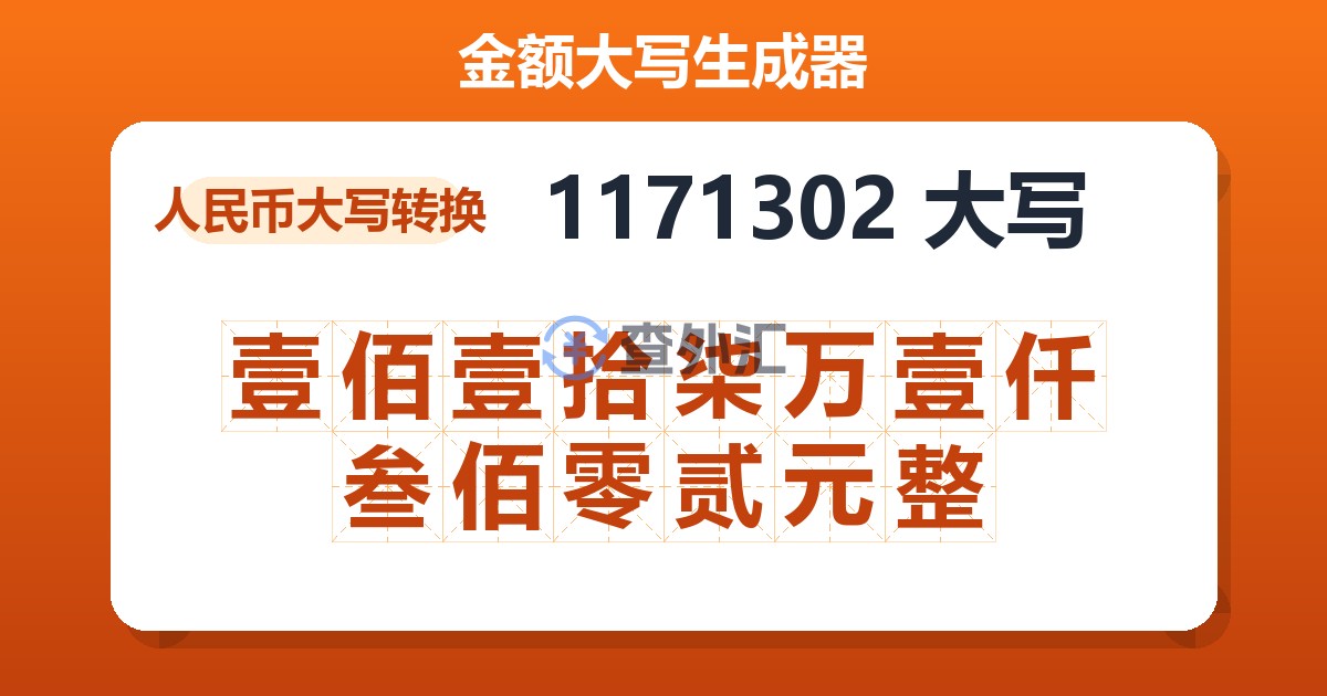 1171302大写 壹佰壹拾柒万壹仟叁佰零贰元整