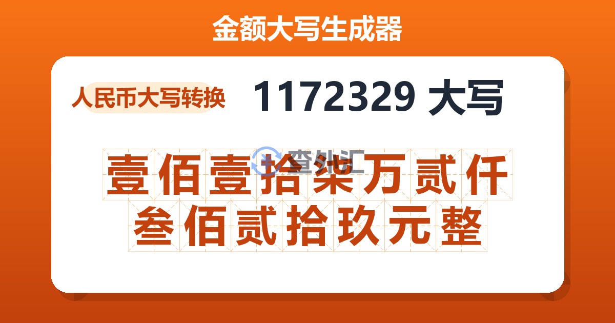 1172329大写 壹佰壹拾柒万贰仟叁佰贰拾玖元整