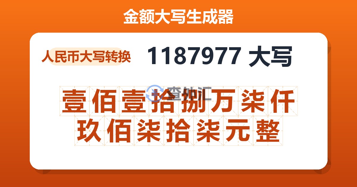 1187977大写 壹佰壹拾捌万柒仟玖佰柒拾柒元整