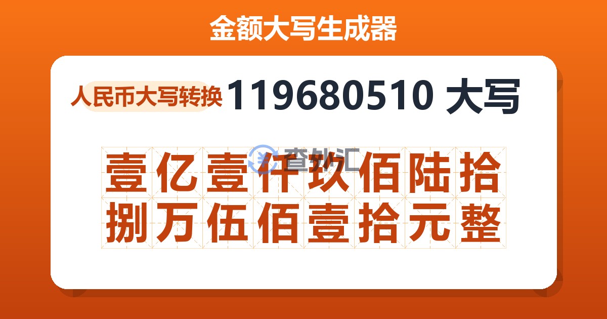 119680510大写 壹亿壹仟玖佰陆拾捌万伍佰壹拾元整