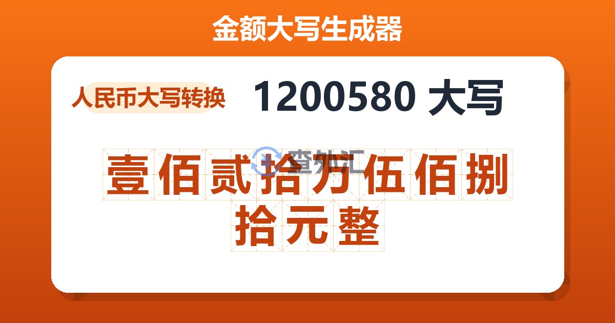 1200580大写 壹佰贰拾万伍佰捌拾元整
