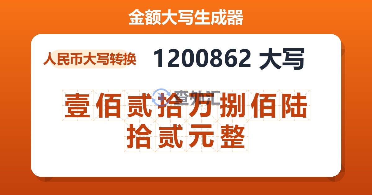 1200862大写 壹佰贰拾万捌佰陆拾贰元整