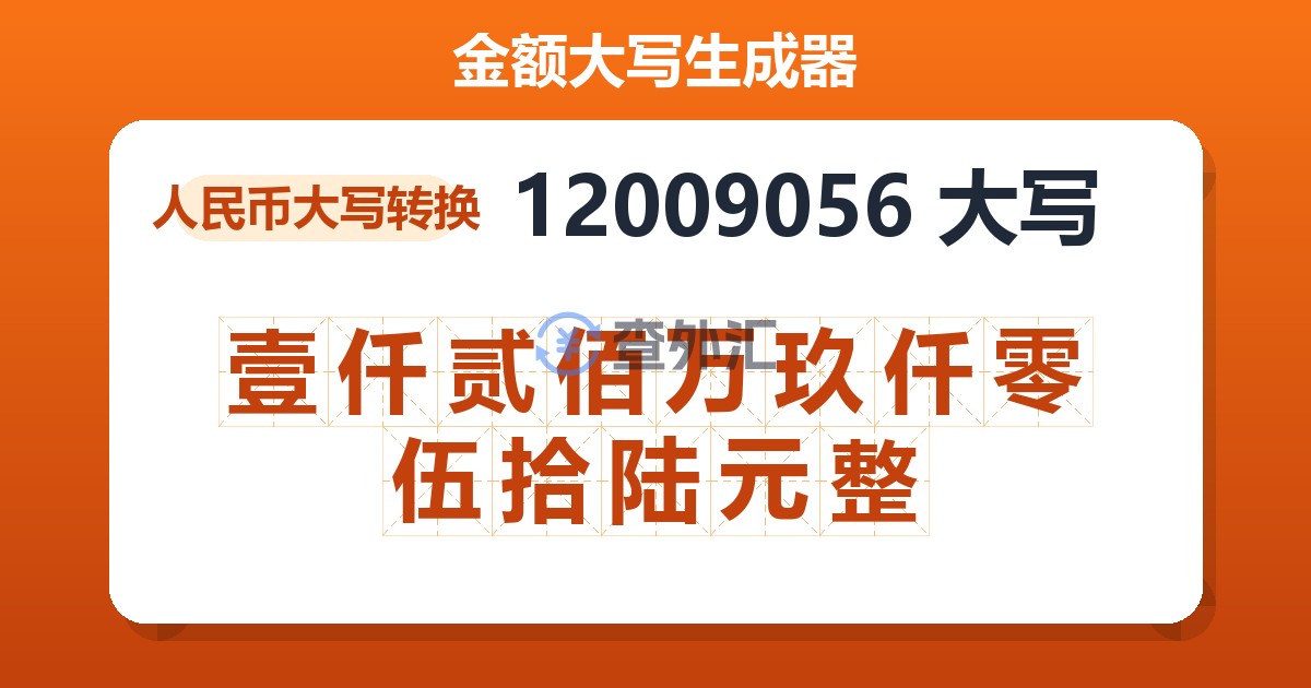 12009056大写 壹仟贰佰万玖仟零伍拾陆元整