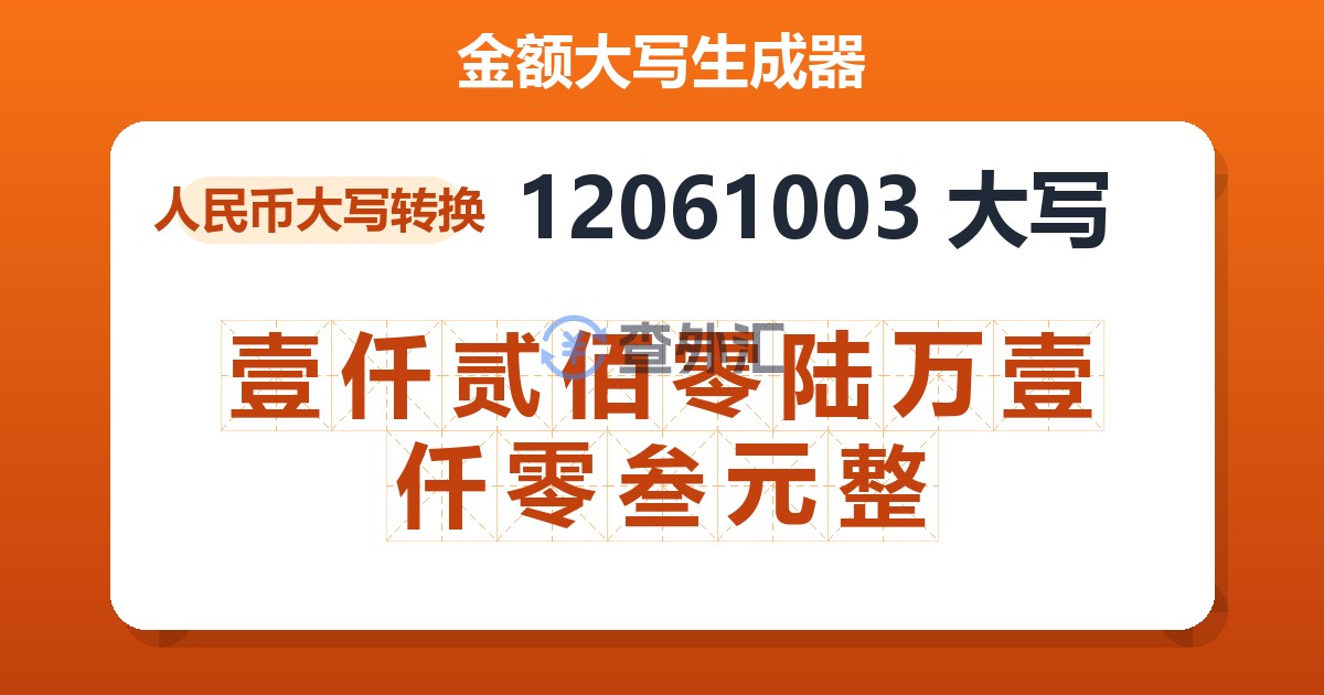 12061003大写 壹仟贰佰零陆万壹仟零叁元整