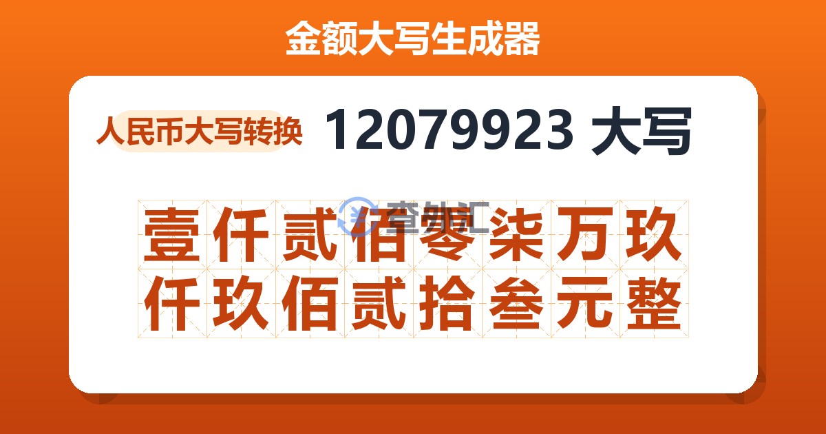 12079923大写 壹仟贰佰零柒万玖仟玖佰贰拾叁元整