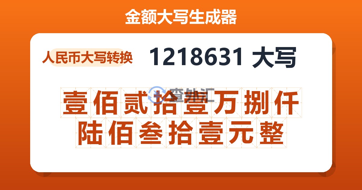 1218631大写 壹佰贰拾壹万捌仟陆佰叁拾壹元整