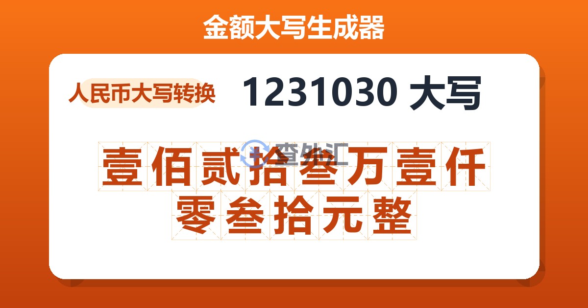 1231030大写 壹佰贰拾叁万壹仟零叁拾元整