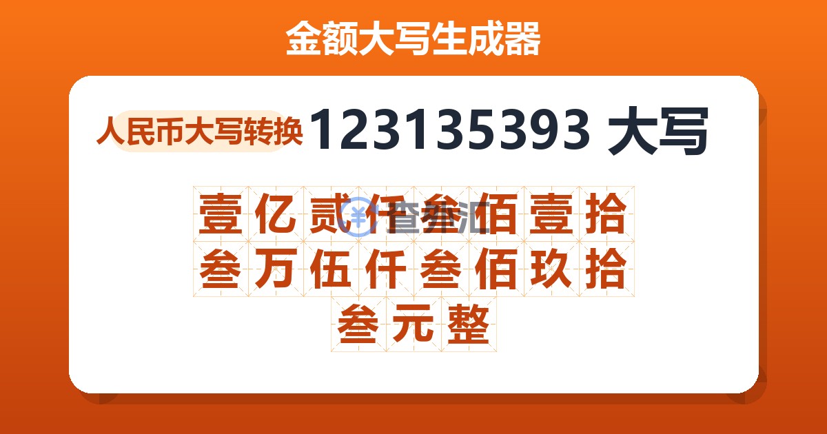 123135393大写 壹亿贰仟叁佰壹拾叁万伍仟叁佰玖拾叁元整