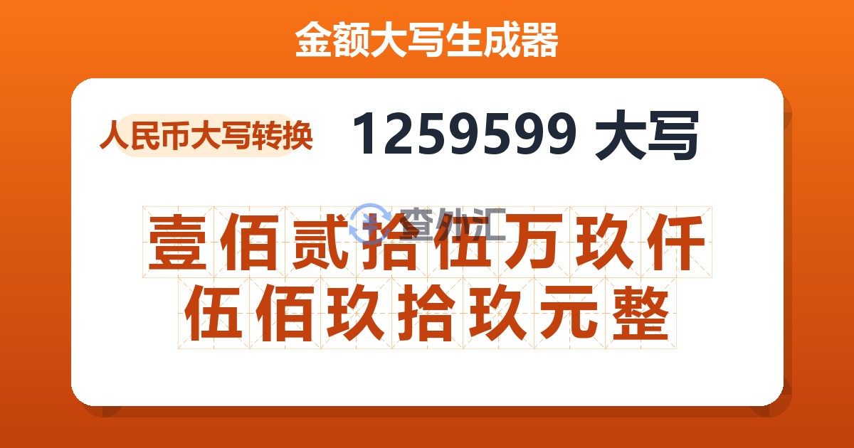 1259599大写 壹佰贰拾伍万玖仟伍佰玖拾玖元整