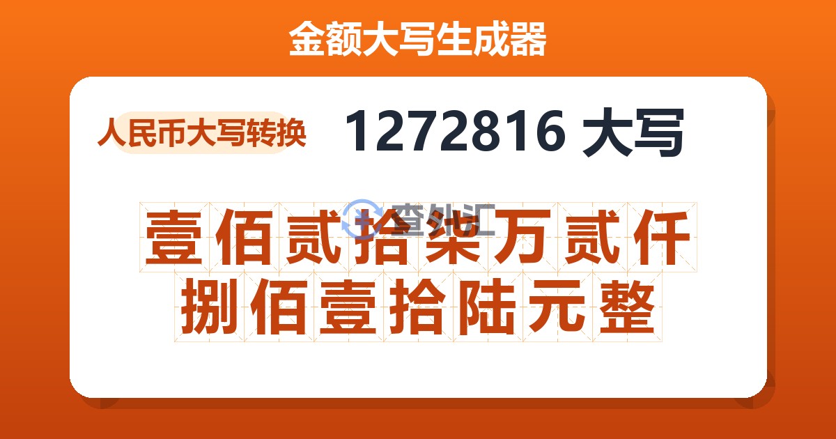 1272816大写 壹佰贰拾柒万贰仟捌佰壹拾陆元整