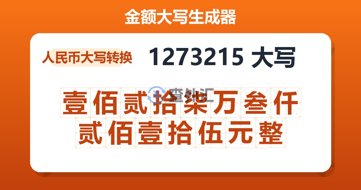 1273215大写 壹佰贰拾柒万叁仟贰佰壹拾伍元整