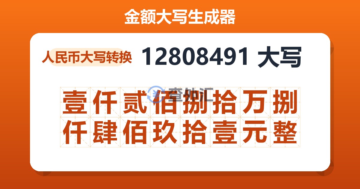 12808491大写 壹仟贰佰捌拾万捌仟肆佰玖拾壹元整