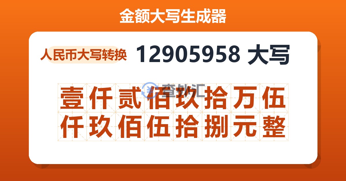 12905958大写 壹仟贰佰玖拾万伍仟玖佰伍拾捌元整