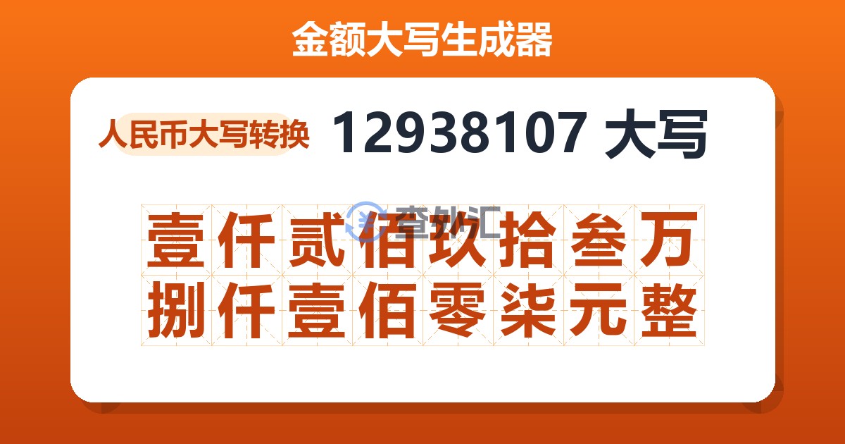 12938107大写 壹仟贰佰玖拾叁万捌仟壹佰零柒元整