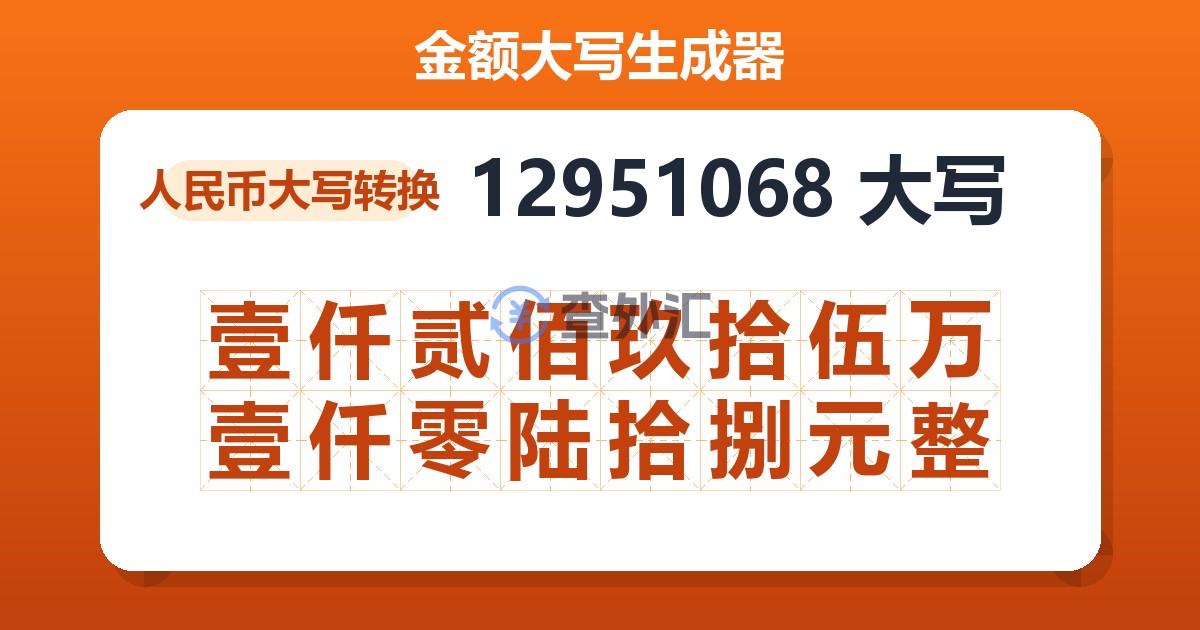 12951068大写 壹仟贰佰玖拾伍万壹仟零陆拾捌元整