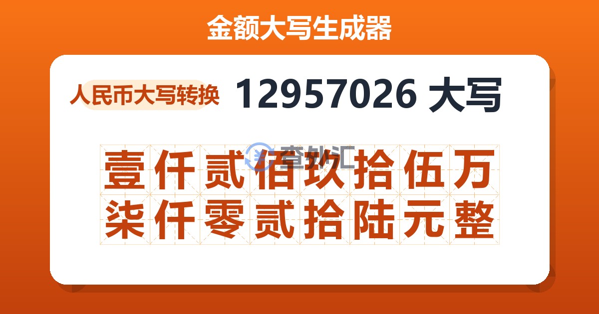 12957026大写 壹仟贰佰玖拾伍万柒仟零贰拾陆元整