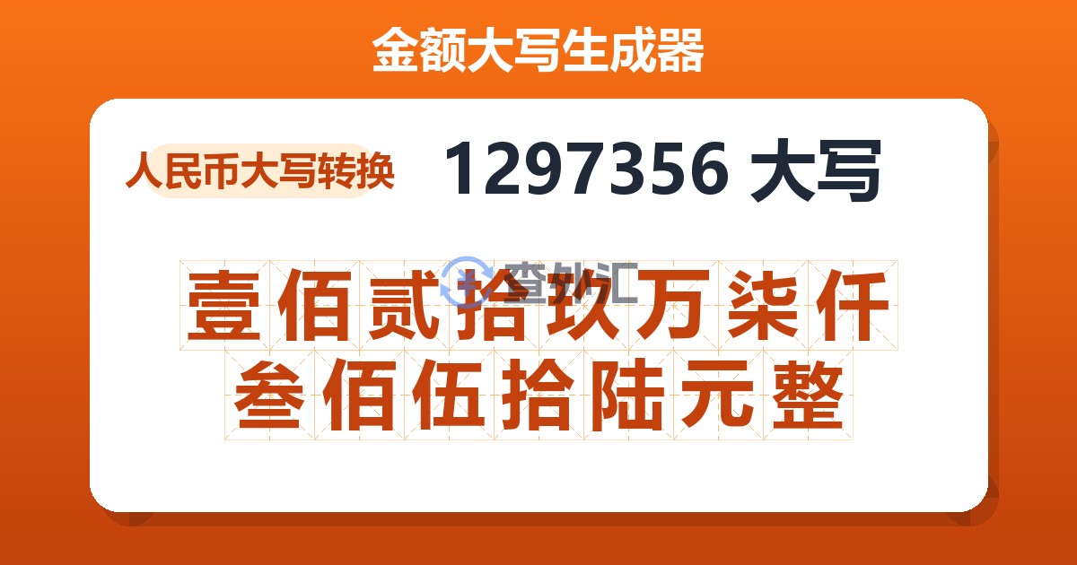 1297356大写 壹佰贰拾玖万柒仟叁佰伍拾陆元整