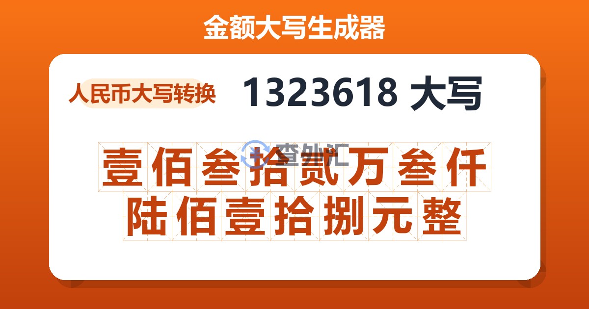 1323618大写 壹佰叁拾贰万叁仟陆佰壹拾捌元整