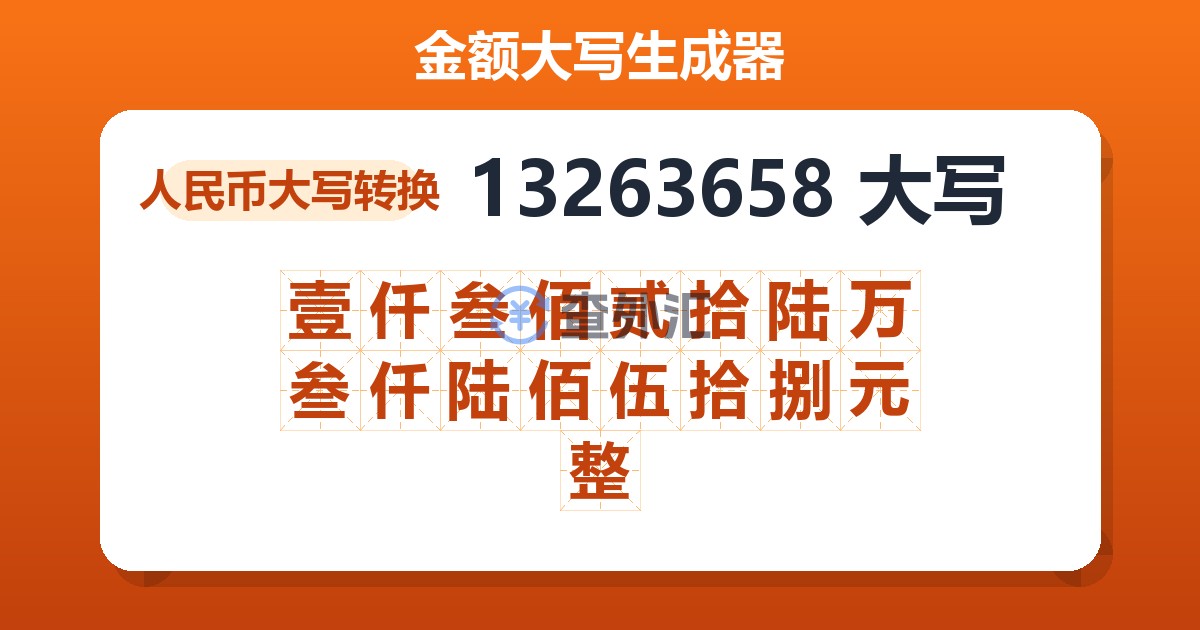 13263658大写 壹仟叁佰贰拾陆万叁仟陆佰伍拾捌元整